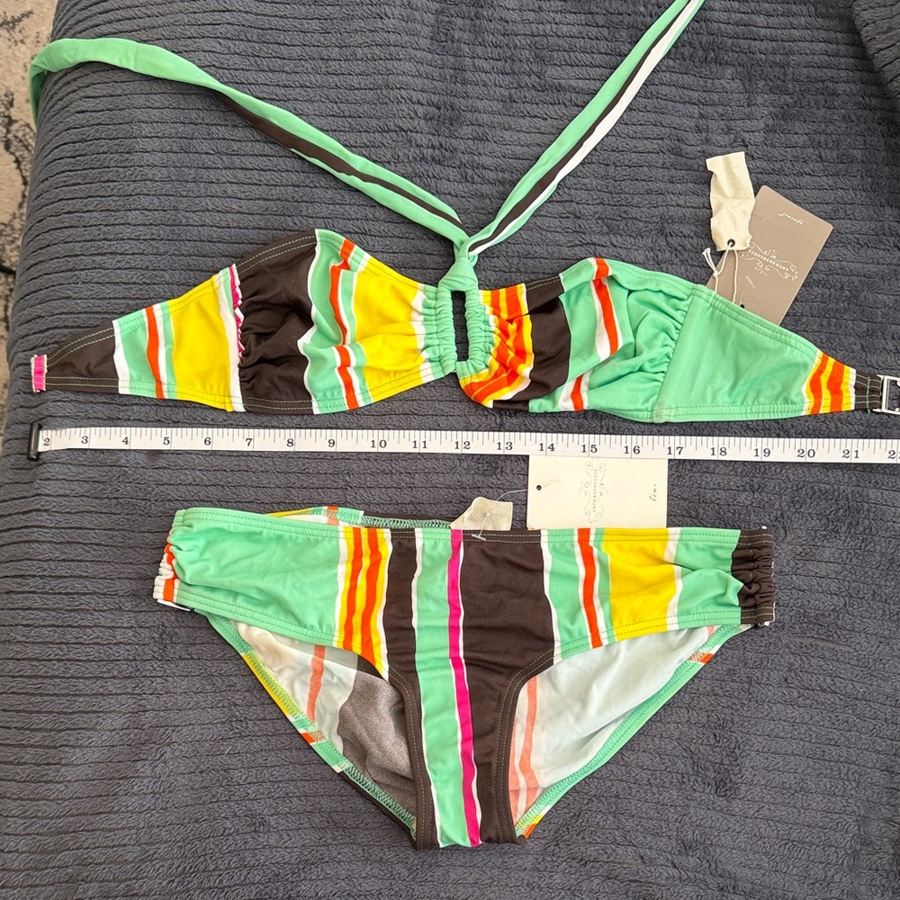 Lilka Marimekko Mint Green and Orange Striped Bikini Top - Top XS, Bottoms S NWT